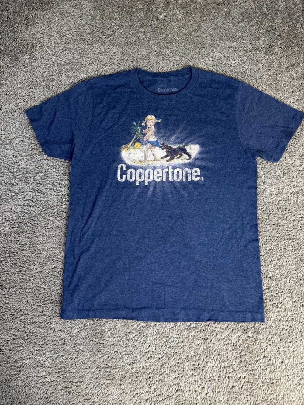 Coppertone Shirt Mens M Blue Beach Graphic Crew Neck Cotton Blend Tagless